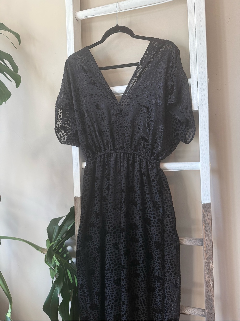 Black V-Neck Textured Romper with Elastic Waist